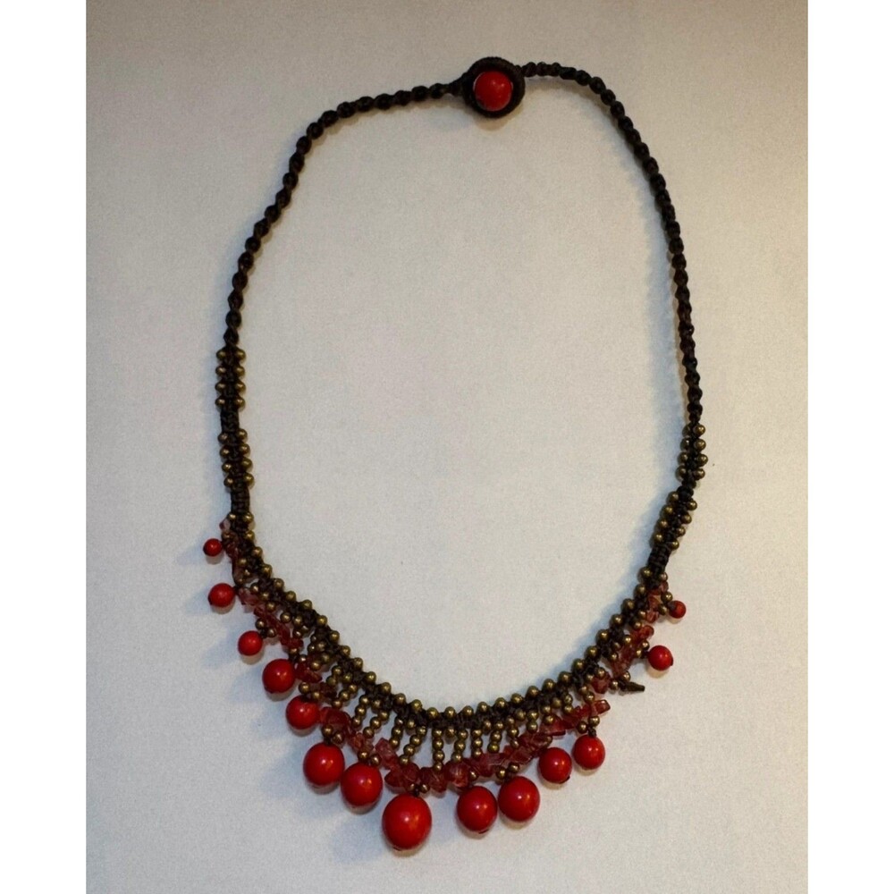 Handmade Knotted Brass Bead Bib Necklace Red Drop Beads Boho Tribal Statement - Picture 8 of 16